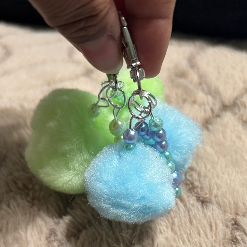 Fluffy Green and Blue Pom Pom Keychains - Picture 4 of 4